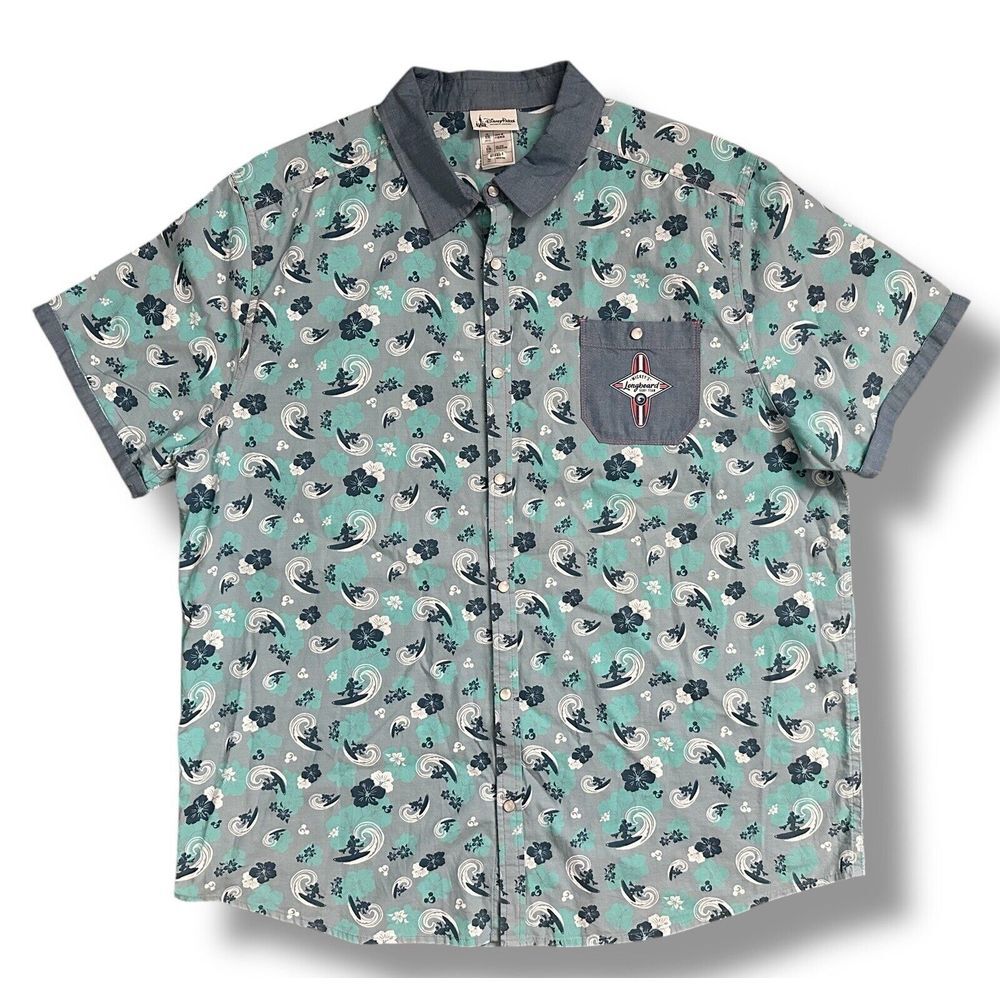 Disney Parks Men's Mickey's‎ Longboard Surf Team Blue Pearl-Snap Button Down XL
